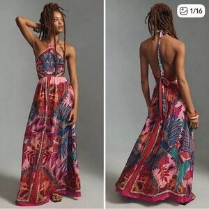 FARM Rio Macaw Scarf Maxi Dress ~
Halter Neck Cut Out Bodice Viscose